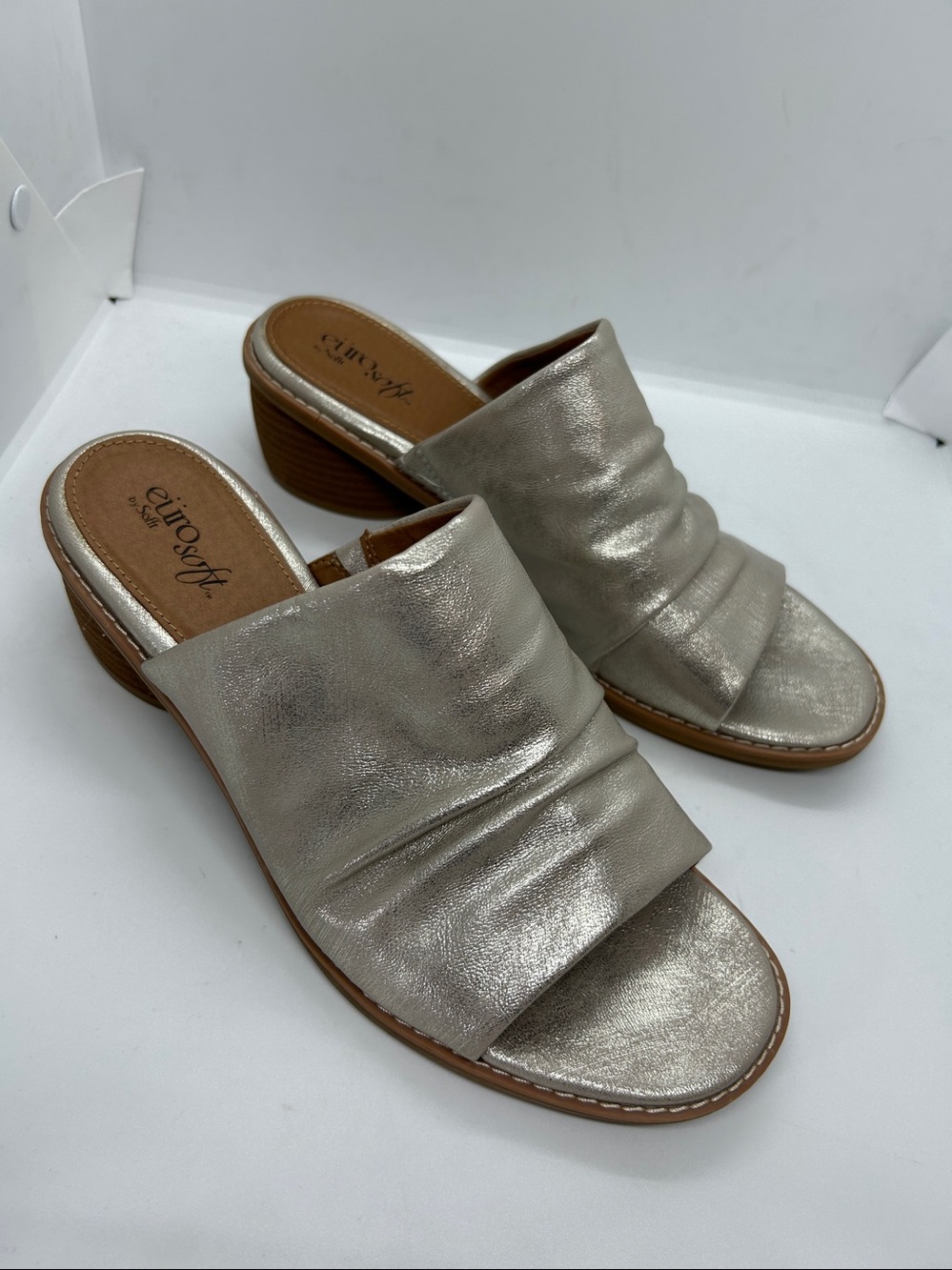 Eurosoft Corley Metallic Silver Ruched Open Toe Slip On Block Heel Sandals 9.5